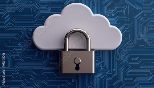 Cloud and closed padlock on digital background, data safety concept