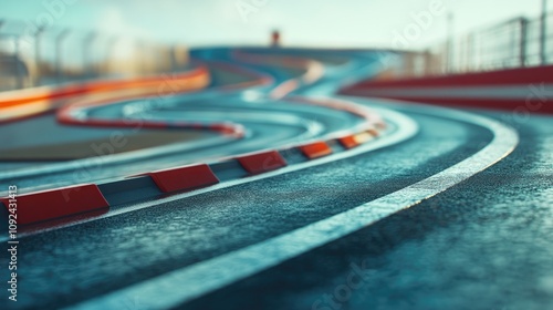 Twisting double turn chicane on an asphalt circuit with smooth curves, featuring a serene empty track and a vibrant colorful border. photo