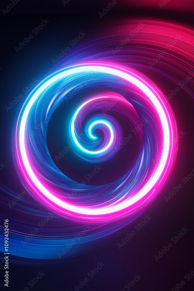 Naklejka premium Abstract Neon Light Spirals on Dark Background: Bright, colorful spirals of neon light set against a black background, perfect for tech or creative themes. 