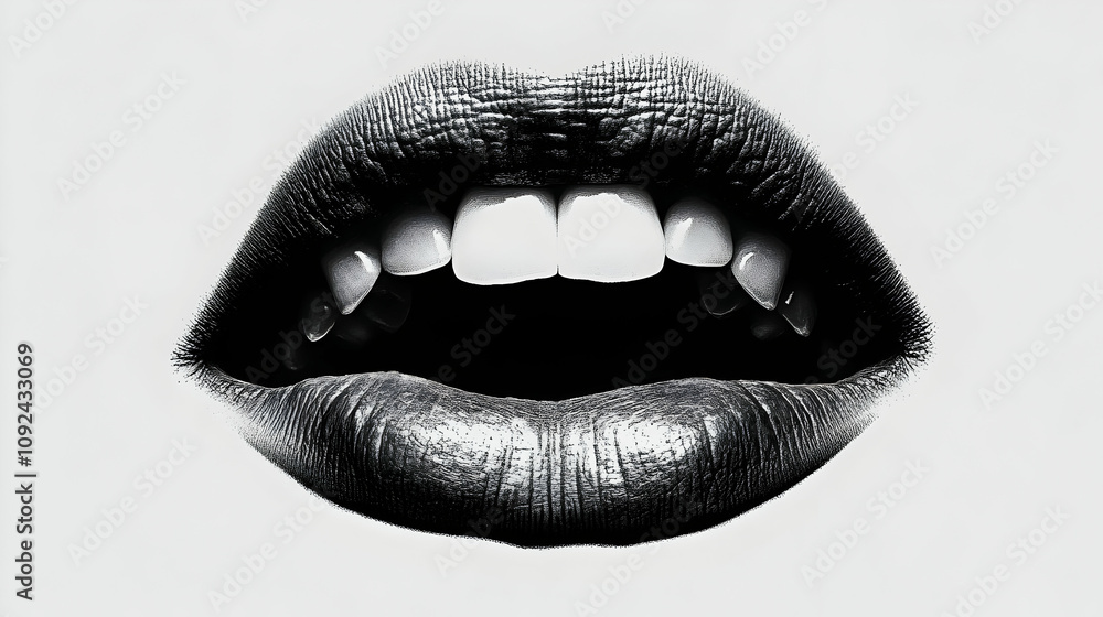 Fototapeta premium Monochrome Illustration of Fangs and Lips in Open Mouth, Detailed and Dramatic