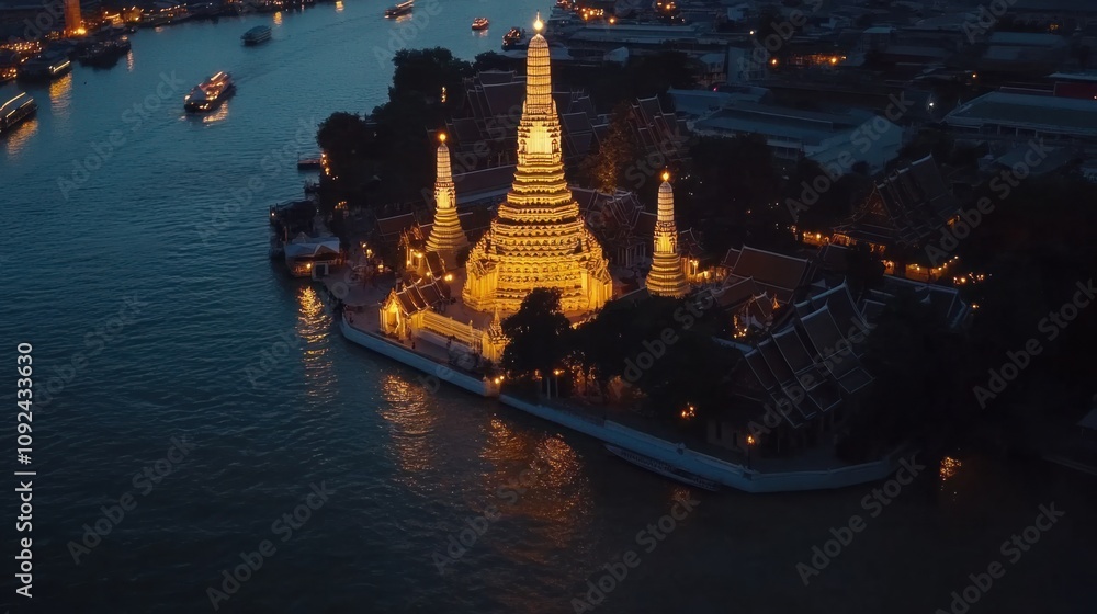Obraz premium Wat Arun temple in Bangkok glowing against the twilight sky, surrounded by the river