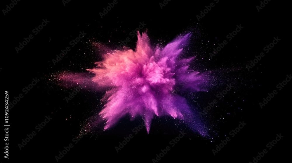 Vibrant abstract explosion of purple and pink powder against a black background, creating a dynamic and textured splash perfect for design use and artistic backgrounds. Vibrant abstract explosion of purple and pink powder against a black background, creating a dynamic and textured splash perfect for design use and artistic backgrounds.