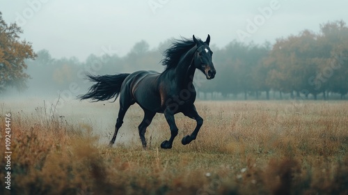 Powerful black Warmblood horse galloping through a misty morning field, surrounded by fading autumn foliage and soft golden grasses. photo