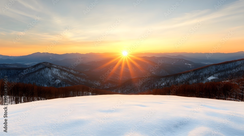 Majestic sunrise over snow-covered mountains Majestic sunrise over snow-covered mountains