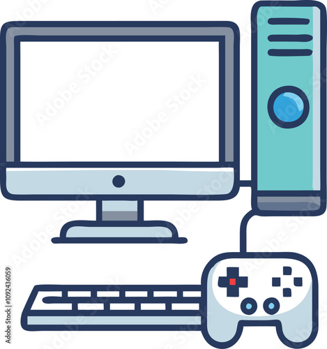 Gaming Computer Setup with Controller Icon, Colorful flat design icon of a gaming desktop setup featuring a monitor, keyboard, and controller, ideal for gaming and esports themes.
