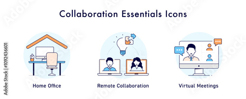Collaboration Essentials Icons: Icons Included: Virtual Meetings, Remote Collaboration, Home Office