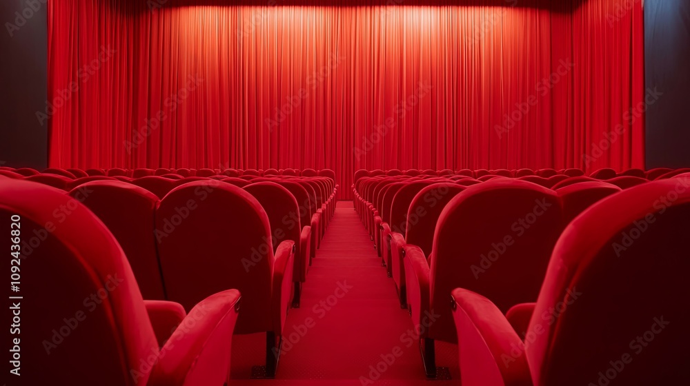 Fototapeta premium An empty theater with red velvet seats and a red curtain.