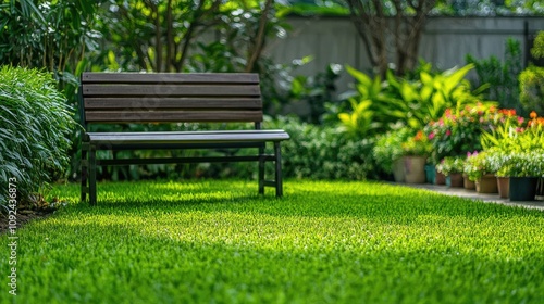 Wooden bench resting on lush, well-kept lawn, framed by vibrant greenery and colorful potted plants.