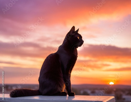 A silhouette of a sleek black cat sitting on a rooftop, gazing at a vivid orange and purple sunset, with soft clouds in the background and a dreamy, peaceful atmosphere. Ai generated image