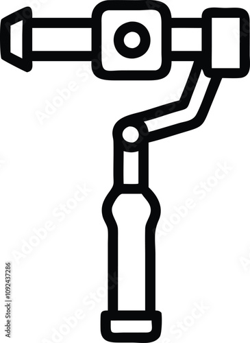 Camera Gimbal Stabilizer Outline Icon, Black and white outline icon of a camera mounted on a gimbal stabilizer, perfect for videography, filmmaking, and photography themes.

