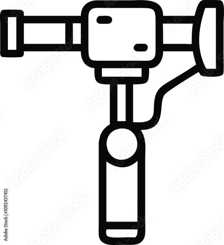 Camera Gimbal Stabilizer Outline Icon, Black and white outline icon of a camera mounted on a gimbal stabilizer, perfect for videography, filmmaking, and photography themes.
