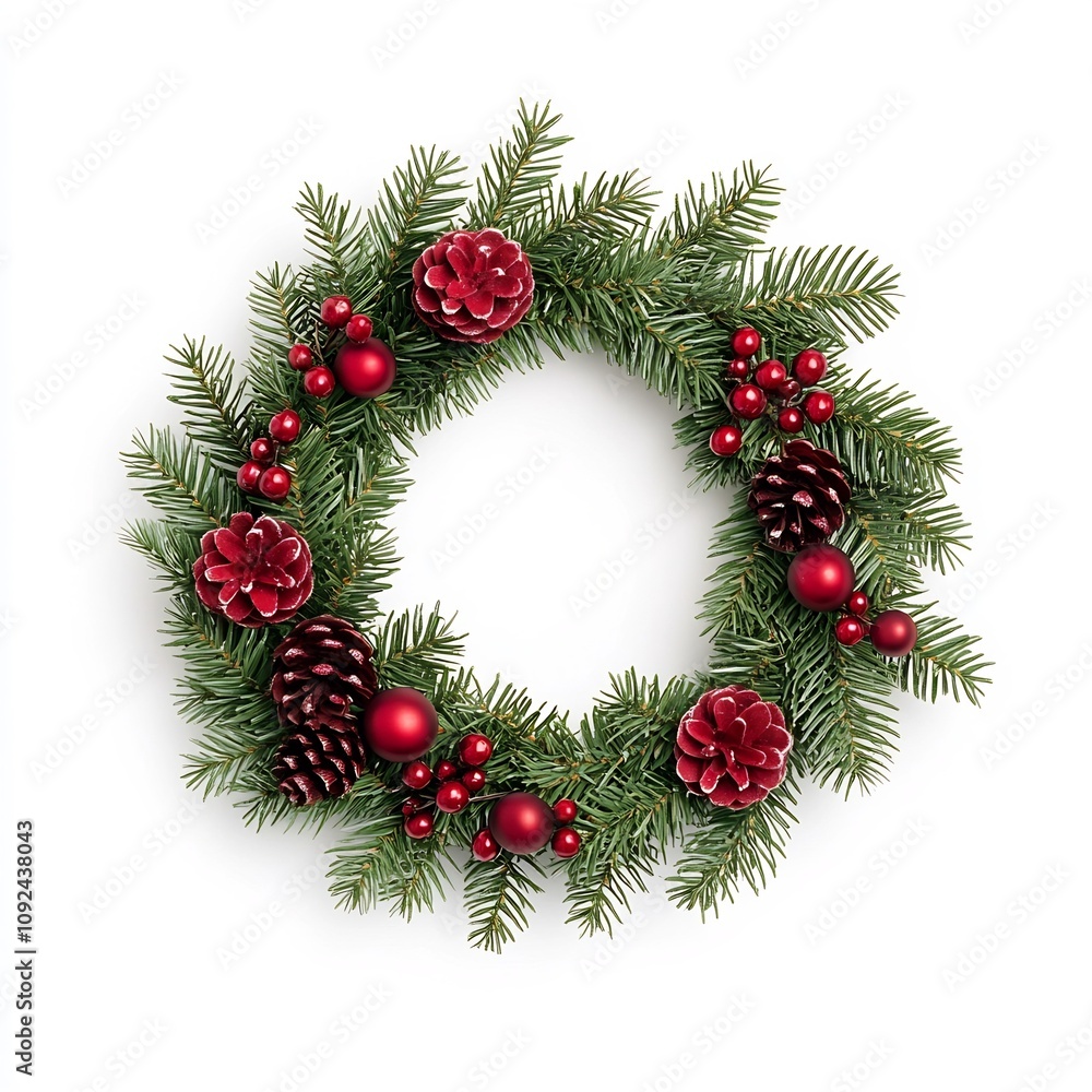 Christmas Wreath with Red Berries and Pine Cones on White Christmas Wreath with Red Berries and Pine Cones on White