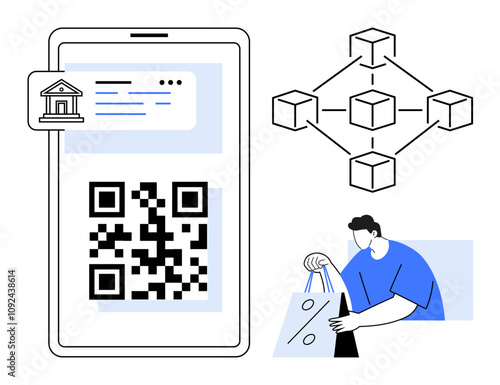 QR code displayed on smartphone with banking app and blockchain diagram. Man carrying shopping bags. Ideal for finance, e-commerce, payments, blockchain, online shopping, digital transactions