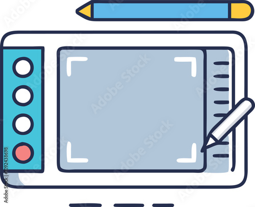 Graphic Tablet with Stylus in Flat Design, Flat design illustration of a graphic tablet and stylus, ideal for themes related to digital art, creativity, and design tools.
