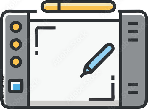 Graphic Tablet with Stylus in Flat Design, Flat design illustration of a graphic tablet and stylus, ideal for themes related to digital art, creativity, and design tools.
