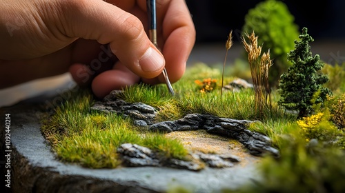 13. Close-up of a craftsman s hands adding grass textures to a tiny landscape model photo