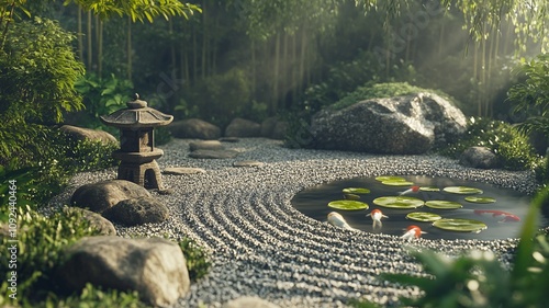 traditional japanese zen garden with gravel raked patterns pond and koi fish