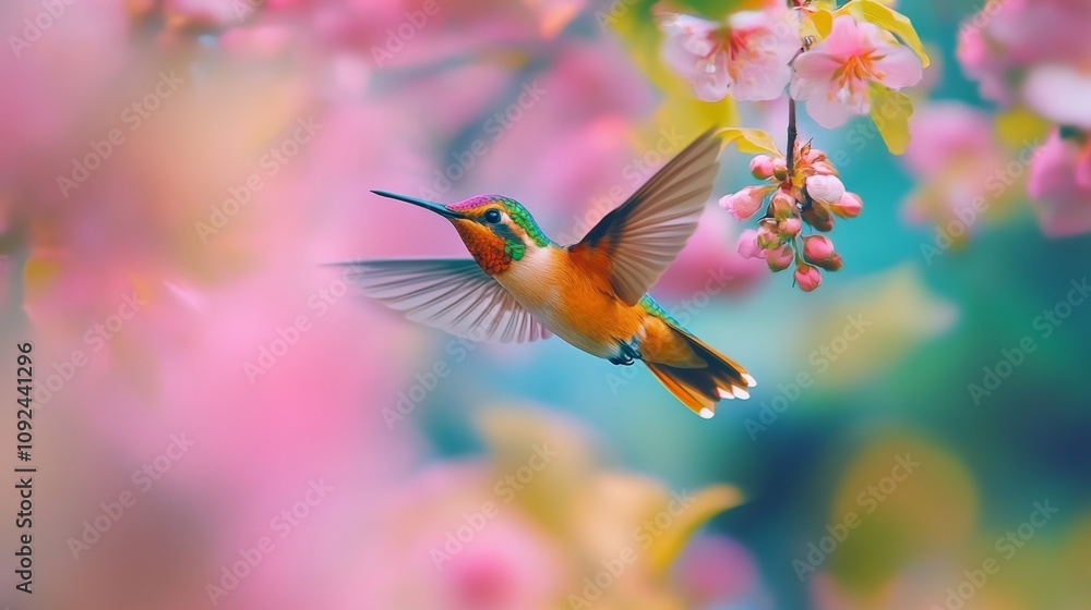 Obraz premium A Colorful Hummingbird in Springtime Blossoms