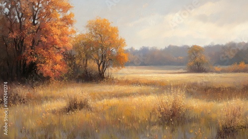 Autumnal Field Landscape With Golden Trees