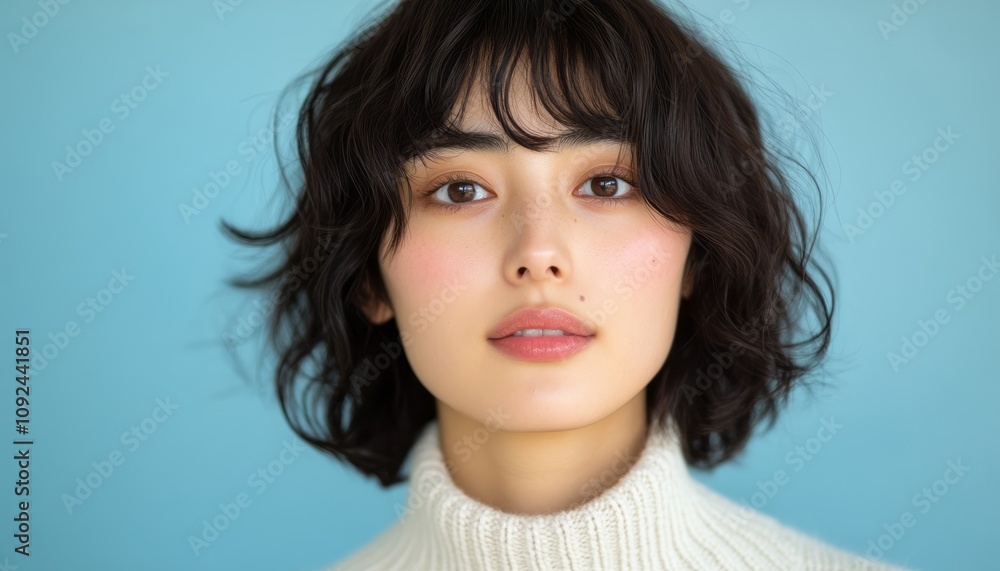 Woman with curly hair poses against a blue background in a cozy sweater Woman with curly hair poses against a blue background in a cozy sweater