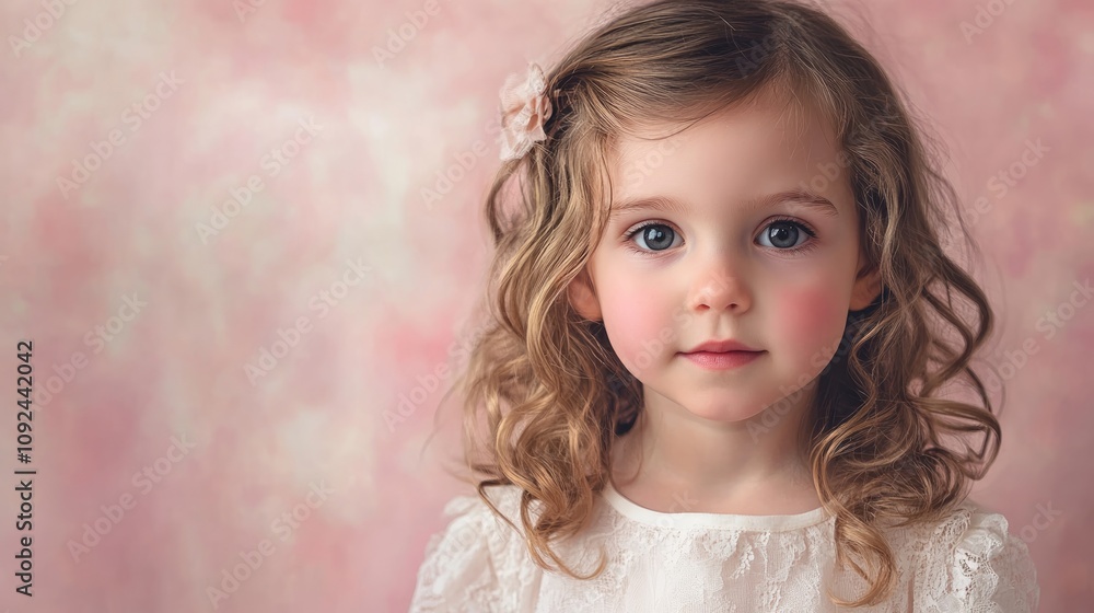 Sweet young girl with curly hair wearing a delicate white dress, posed against a gentle pink backdrop, radiating innocence and charm with bright, expressive eyes. Sweet young girl with curly hair wearing a delicate white dress, posed against a gentle pink backdrop, radiating innocence and charm with bright, expressive eyes.