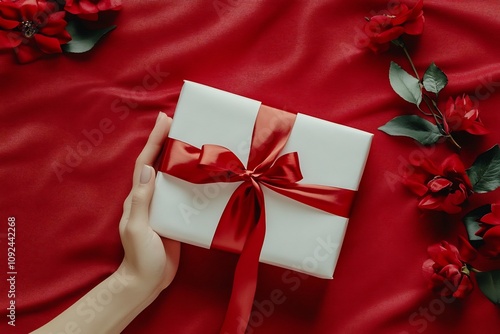 Woman s hand holding a white gift box with a rich red ribbon against a vibrant red background photo