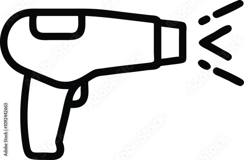 Hairdryer Icon in Minimalist Design, Black and white minimalist icon of a hairdryer, perfect for use in beauty, salon, or personal care themes and designs.
