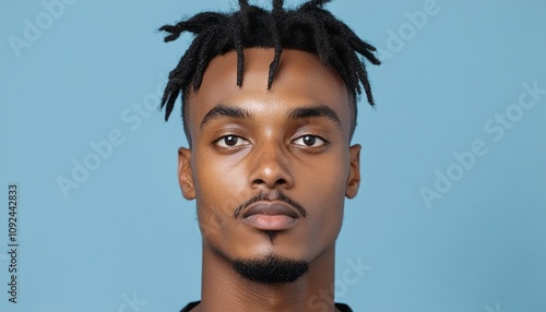 Young man with stylish hair against a light blue backdrop expresses confidence and poise photo