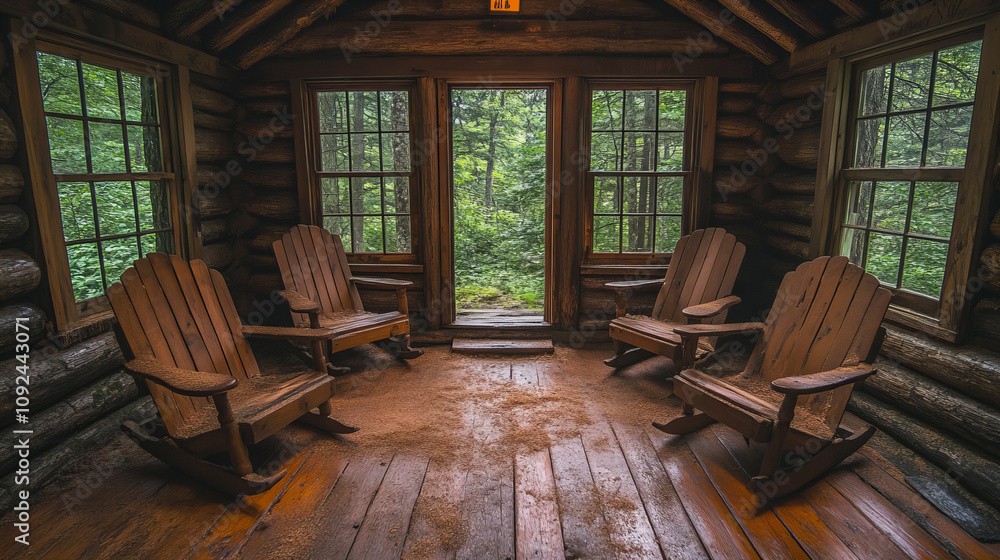 Fototapeta premium cozy wooden cabin interior with four rocking chairs, surrounded by nature. warm wood tones and large windows create serene atmosphere
