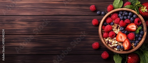 Healthy breakfast recipe berry granola bowl kitchen food photography cozy home setting fresh ingredients nutrition focus