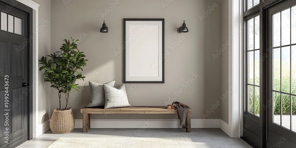 Fototapeta premium Minimalist Mudroom Wall Poster Mockup with Wooden Bench and Plant Decor