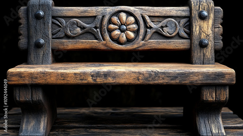 Close up of polished wooden furniture showcasing intricate carvings and floral design. rich texture and craftsmanship highlight beauty of this unique piece photo