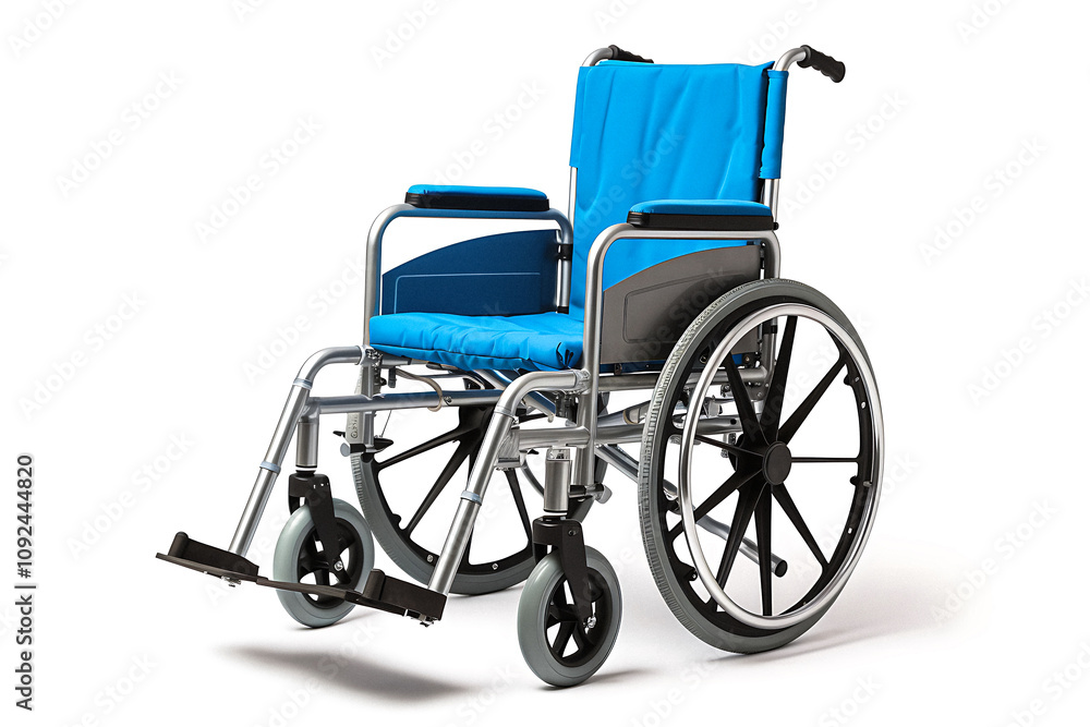 wheelchair is equipped with medical support equipment and a transport chair for emergencies, set against a white backdrop, and includes a clipping path.