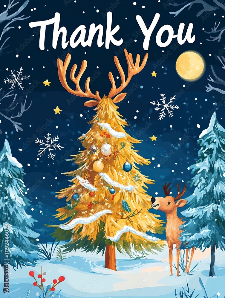 Thank you greetings with images of Christmas Tree, Reindeer, Moon ...