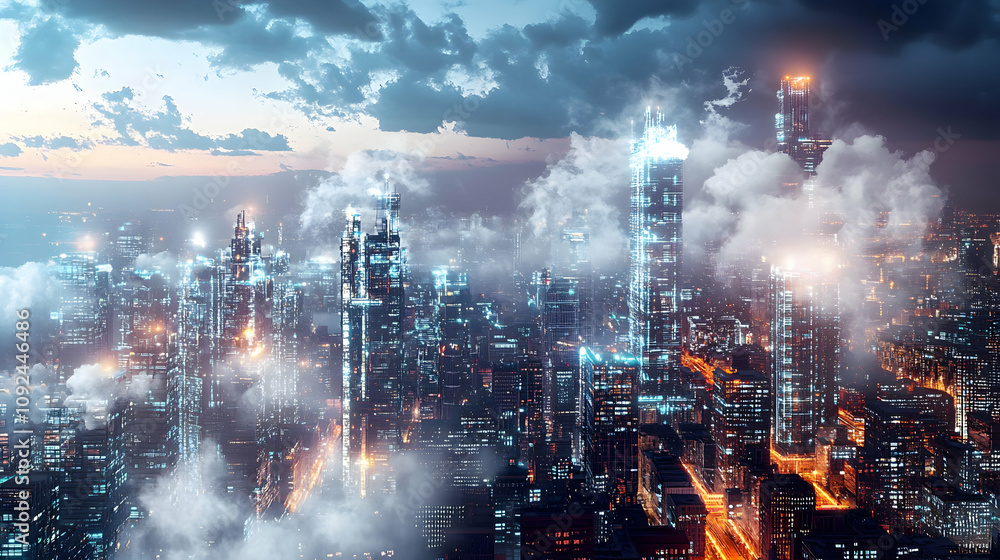 Obraz premium Futuristic Cityscape: Illuminated Towers Emerge from Clouds at Dusk