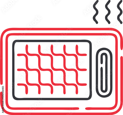 Vector illustration of a red electric heating pad emitting steam, showcasing a wavy grid design for heat distribution.