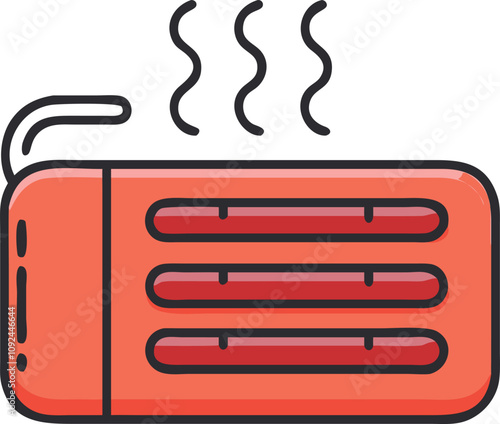 Red Electric Heating Pad with Steam, Illustration of a red electric heating pad emitting steam, featuring ergonomic design and three heating elements for warmth.  
