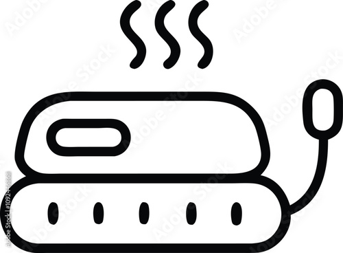 Electric Heating Pad with Controller Icon, Black and white line illustration of an electric heating pad featuring a controller, emitting warmth, ideal for comfort and pain relief.  
