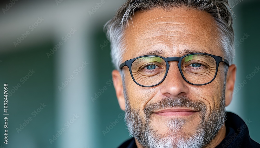 Obraz premium Middle-aged man with glasses smiling confidently in a bright, modern environment
