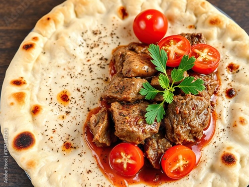 Lavash filled with juicy lamb and topped with fresh tomatoes and spices, cuisine, lavash photo