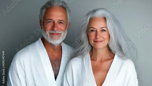 Mature couple with gray hair smiling in casual robes against light background