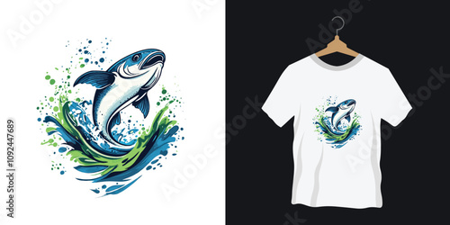 A fish for T-shirt mascort logo, leaping out of the water with splashes around it,