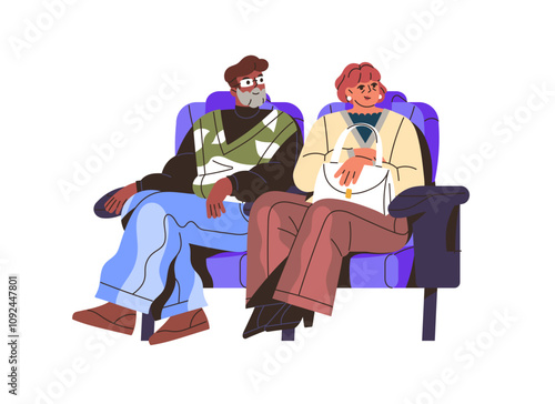 Senior couple sits on chairs, watching film in cinema front view. Happy old people in seats watch movie in theater together. Elderly family is in theatre. Flat isolated vector illustration on white