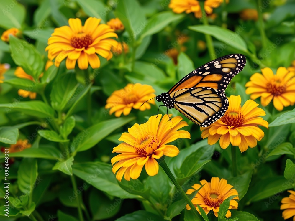 Lush green foliage with a large monarch butterfly sipping nectar from bright yellow zinnia flowers, monarch butterfly, lush green leaves, nature art Lush green foliage with a large monarch butterfly sipping nectar from bright yellow zinnia flowers, monarch butterfly, lush green leaves, nature art