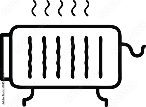 Electric Radiator Heater with Heat Waves Icon, Black and white icon of an electric radiator heater with heat waves, illustrating a traditional indoor heating appliance.  
