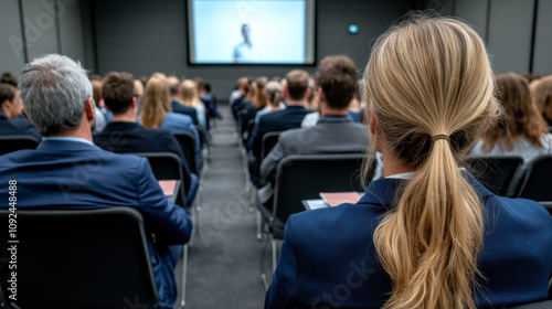 Audience Engaged in a Professional Seminar While a Speaker Discusses Key Topics on Stage in a Modern Conference Hall