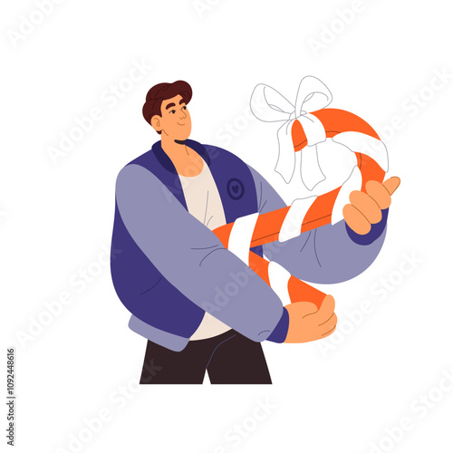 Happy person holds big number two in hands. Young man with candy cane with shape of 2. New year 2025. Christmas 2024. Xmas lolly for holiday. Flat isolated vector illsutration on white background