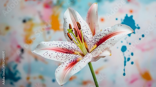 Siroi Lily with colorful paint splatters behind it photo