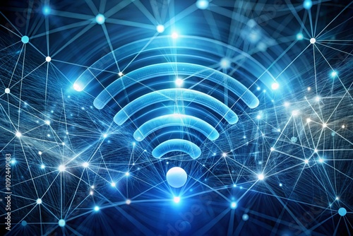 A blue and white image of a wifi signal with a blue circle in the middle