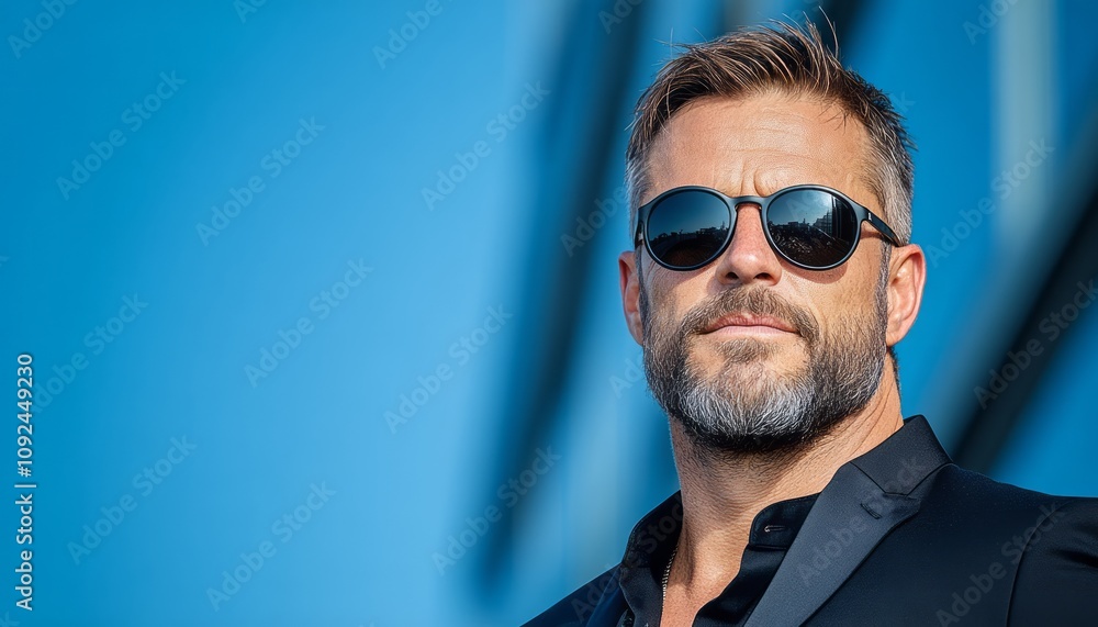 Charismatic man wearing sunglasses poses confidently against a clear blue sky Charismatic man wearing sunglasses poses confidently against a clear blue sky